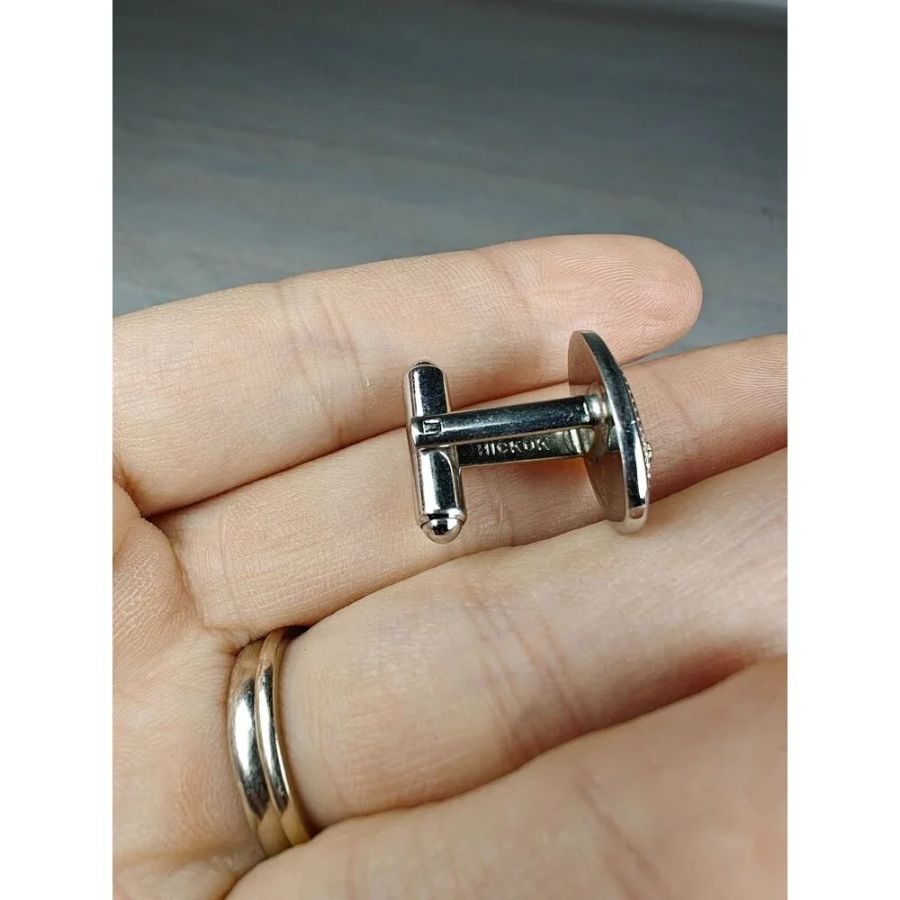 Vintage Hickok Silver Tone Oval Cufflinks With Rhinestone Accents MCM Retro
